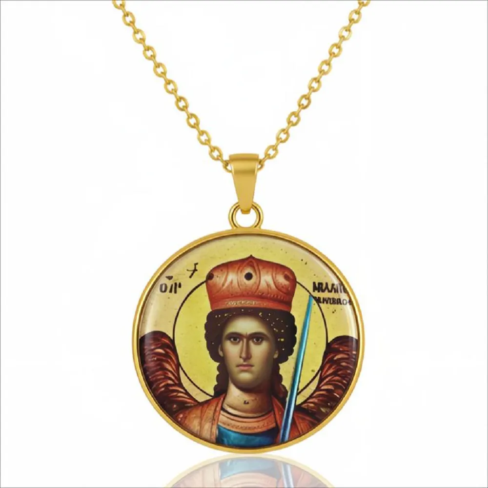 Χειροποίητο Φυλαχτό Ατσάλι Ταξιάρχης Μανταμάδου με Υγρό Γυαλί και Αλυσίδα 50 εκ